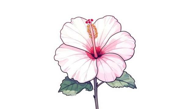 A detailed cartoon illustration of a hibiscus flower with leaves on a transparent background - Powered by Adobe
