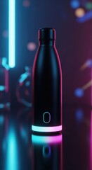 Modern black smart water bottle glowing with neon light in a dark studio.