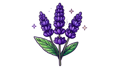A vibrant cartoon illustration of three lavender sprigs with a glittering sparkle effect