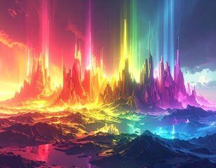 Surreal digital art of a mountain range with vibrant rainbow light