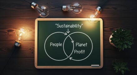 Sustainability diagram with people planet profit on chalkboard and light bulbs.