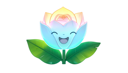 A whimsical floral emblem. Smiling pastel flower with leaves against a black backdrop