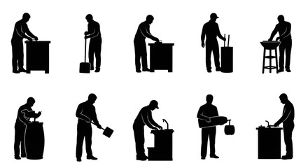 Manual Labor Silhouette Set Featuring Workshop Service, Cleaning, Maintenance, and Industrial Factory Workers