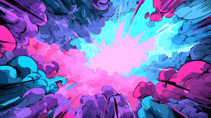 Abstract comic book style background with neon purple pink cyan explosion and clean copy space