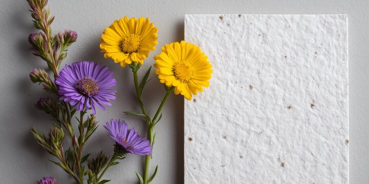 A blank, eco-friendly seeded paper card mockup (with visible seeds), next to a few stems of bright yellow feverfew and purple aster