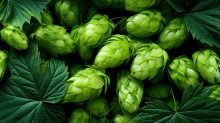 Fresh green hops and leaves in abundant close-up.