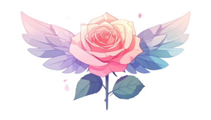 A stylized pink rose with feathery wings and a green stem, on a transparent background