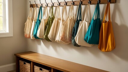 A collection of reusable shopping bags and storage baskets in a home entry or mudroom setting