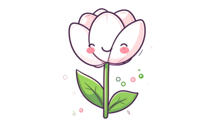 Cartoon tulip with a smiling face, pink cheeks, and green stem/leaves, with floating specks