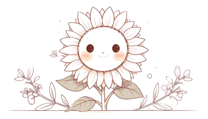 An adorable sunflower with a smiling face, leaves, and side branches, all in soft colors