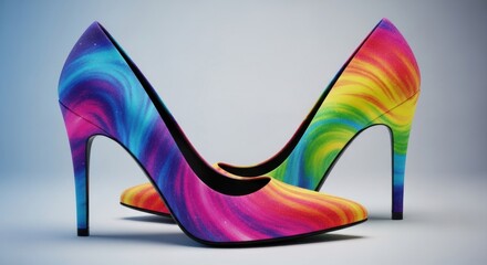 Colorful high heel shoes with vibrant rainbow galaxy print displayed on white background.