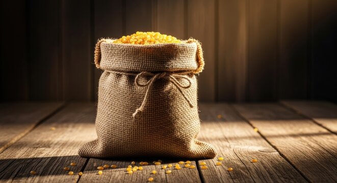 Full burlap sack of yellow corn kernels sits on rustic wooden planks with scattered grains.