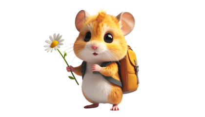 Adorable cartoon hamster with backpack holds a daisy, isolated on a transparent background