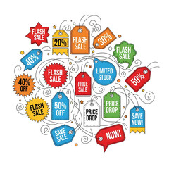 Fototapeta premium Colorful Flash Sale Price Tags Collection Discount Badges Promotional Labels Shopping Vector Illustration