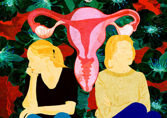 Ilustracja dwie kobiety obok siebie grafika jajnik&oacute;w symbolizująca menopauzę.