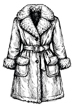 Hand drawn line art illustration of a winter coat depicting a fur collar and belted design for cold weather fashion