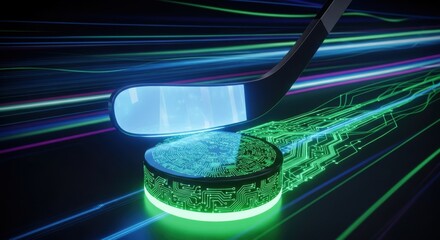 Hockey puck with circuit board design on abstract glowing digital lines.