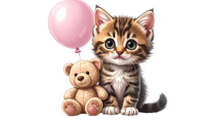 Cartoon kitten, teddy bear, and balloon against black background; cheerful design