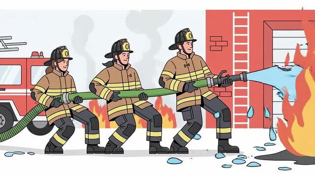 Firefighters extinguishing fire with water hose cartoon style illustration