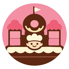 A cute and playful bakery illustration featuring a smiling chef character inside a donut-shaped cake castle. Designed in a flat vector style with soft pink and chocolate tones, this artwork is perfect