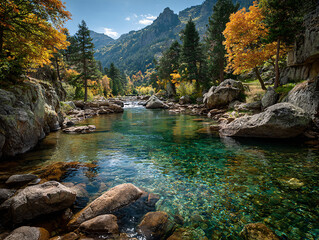 natural landscape featuring a clear, turquoise river flowing through a forest with autumn-colored trees. The river is bordered by large, textured rocks, and the surrounding area is lush with green