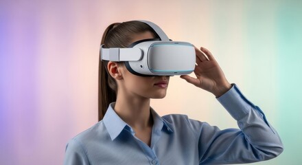 Woman wearing virtual reality headset touching glasses, experiencing immersive technology.
