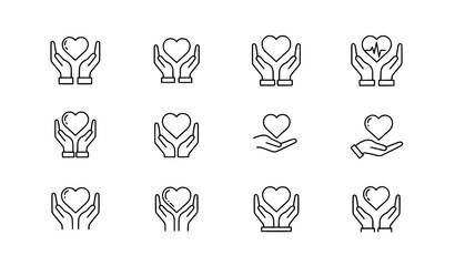 Line style hands holding heart healthcare icon set vector illustration