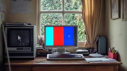 Workspace with vintage computer and monitor in a cozy room filled with natural light - Powered by Adobe