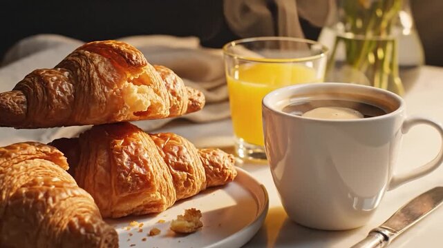 Breakfast scene Croissants, coffee, juice, and flowers on a white surface, bathed in light