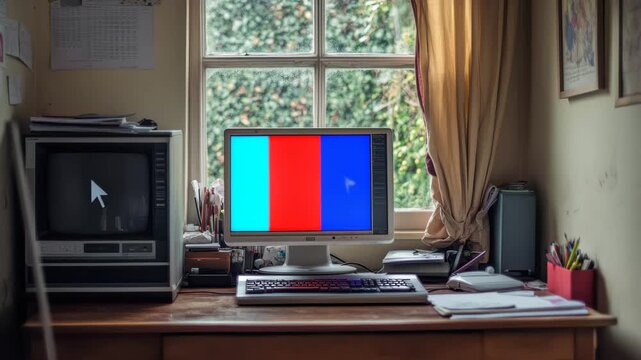 Workspace with vintage computer and monitor in a cozy room filled with natural light