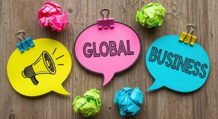 Colorful speech bubbles with "Global Business" and a megaphone icon on wood.