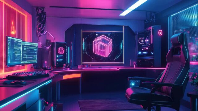 Modern gaming setup in a vibrant room illuminated by neon lights at night