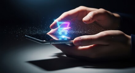 Person's hands interacting with a glowing shopping cart icon on a smartphone screen for online shopping.