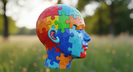 Colorful puzzle head profile against a blurry green outdoor background.