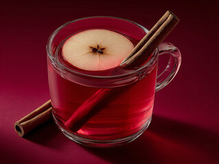 a clear glass mug filled with a red liquid, garnished with a slice of apple, an anise star, and a cinnamon stick. The background is solid dark red.