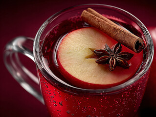 a clear glass mug filled with a red liquid, garnished with a slice of apple, an anise star, and a cinnamon stick. The background is solid dark red.