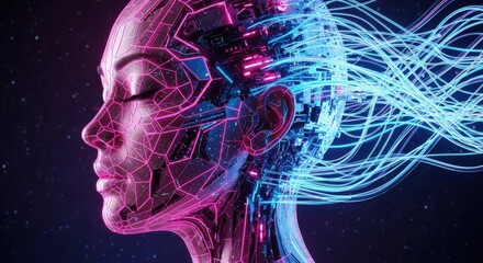 Futuristic human head with glowing circuits and data streams symbolizes AI innovation and technology.