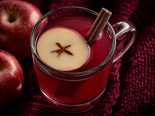 a clear glass mug filled with a red liquid, garnished with a slice of apple, an anise star, and a cinnamon stick. The background is solid dark red.