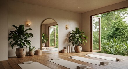 Serene yoga studio with plants and open doors to lush nature.