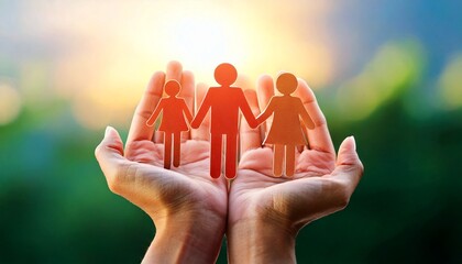 family holding hands on hand(unity concept) with sunlight
