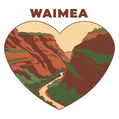 Waimea Canyon Red Rock Landscape Heart Shaped Vector Illustration