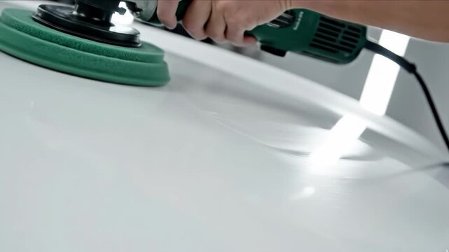 Closeup of hand using orbital buffer on white car surface during polishing