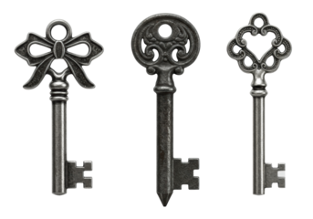 Hyper-realistic macro shot of three antique skeleton keys with detailed bows and bits, contrasted textures, dramatic sidelight on transparent background, concept of unlocking hidden potential