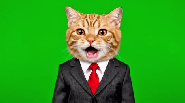 A surprised ginger cat dressed in a formal suit and red tie, looking like a presenter, on a green screen background for easy editing