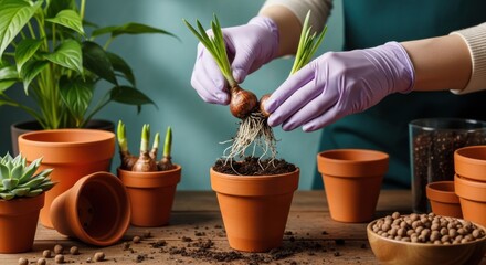 Person planting green bulbs with roots into brown pot with soil.