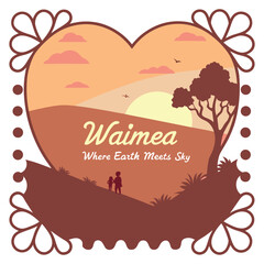 Waimea Sunset Silhouette with Couple and Tree Heart Frame Vector