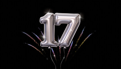 Silver balloon number 17 with fireworks in the background. Festive scene for birthday or anniversary party