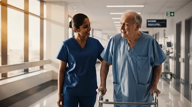 Nurse helping senior patient walk with walker in hospital corridor