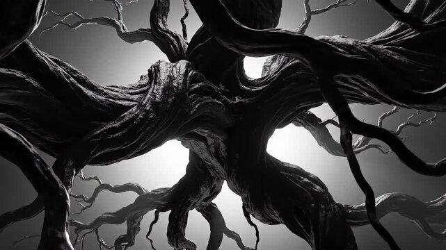 Sinister Gnarled Tree with Twisted Roots in Monochrome Animation.