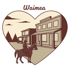 Waimea Cowboy Silhouette in Heart Shape Vintage Western Style Illustration